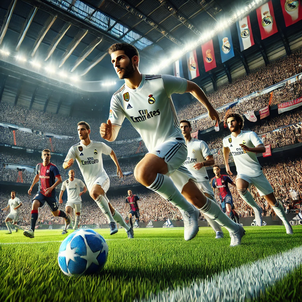 Real madrid players in white jerseys sprinting towards the goal during a live football match, with a packed stadium and cheering fans in the background.