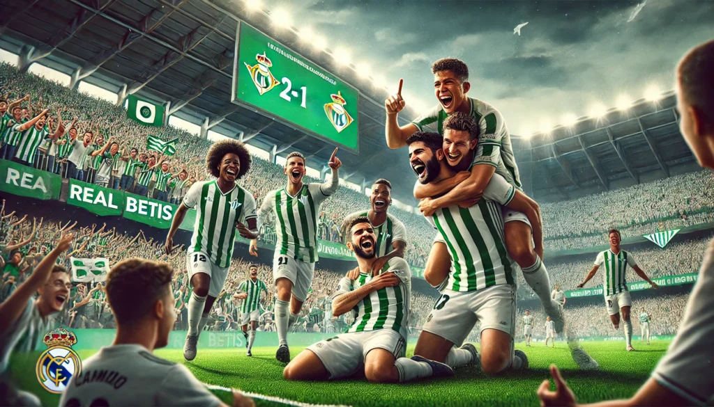 Dall·e 2025 03 02 02. 05. 17 a thrilling football match scene showing real betis players celebrating their 2 1 victory over real madrid at estadio benito villamarin. Isco is seen