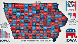 The iowa state capitol building at night, illuminated with election-themed graphics representing vote percentages and party symbols. Iowa election results,