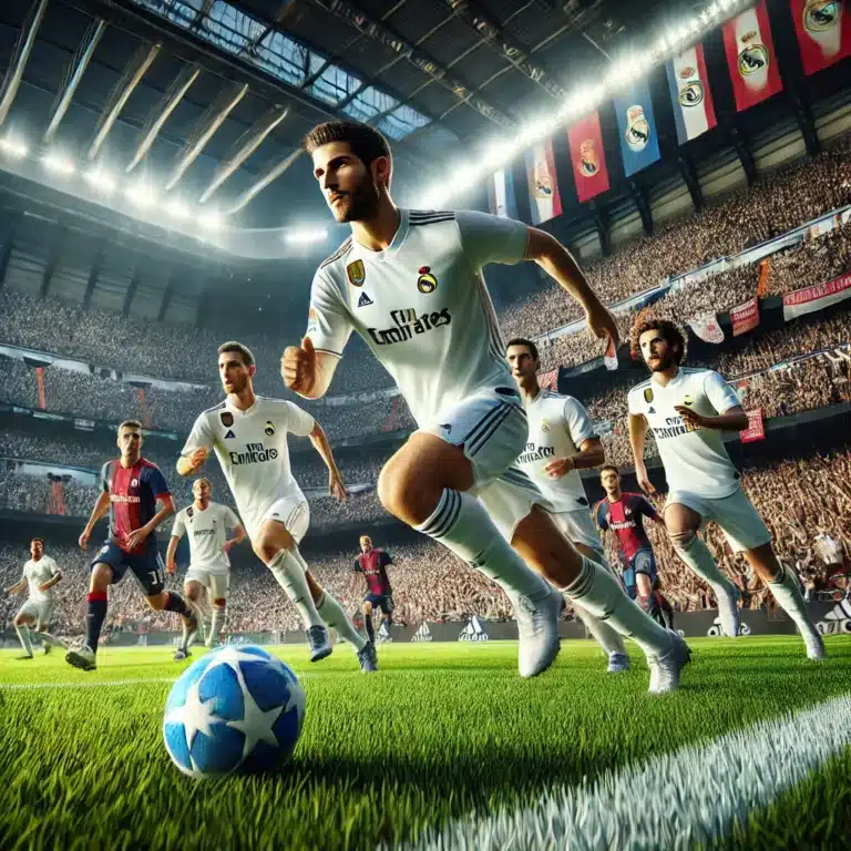 DALL·E 2025-03-01 23.57.41 - A hyper-realistic image of Real Madrid players in action during a recent match. The players, dressed in their signature white jerseys, are seen making
