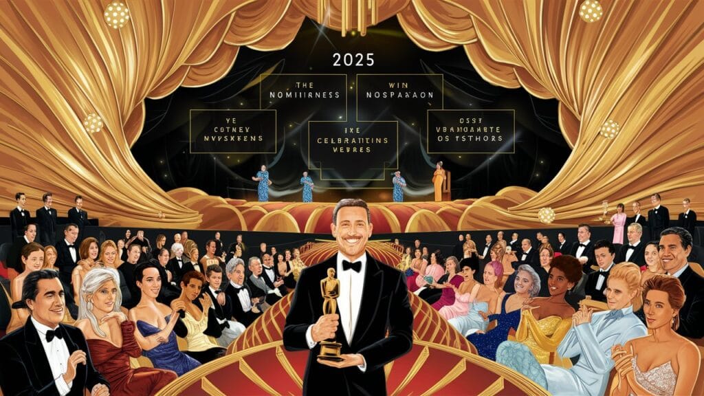 Alt text: an illustrated depiction of a futuristic oscars ceremony, featuring a joyful award winner holding an oscar trophy, surrounded by a glamorous audience and a grand golden stage with nominee announcements. Title: a futuristic oscars celebration in 2025

caption: a stunning artistic illustration of a future oscars event, showcasing an ecstatic winner, a star-studded audience, and an opulent golden stage celebrating cinematic excellence. Description: this beautifully detailed illustration envisions a future academy awards ceremony in 2025, capturing the glamour and excitement of hollywood’s biggest night. The image features a dapper award winner holding his oscar trophy with pride, while an elegantly dressed audience applauds in a lavishly decorated venue. The grand golden stage highlights the nominees and winners, creating an atmosphere of celebration and cinematic prestige.