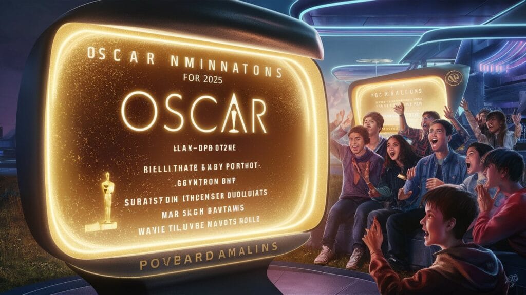 A futuristic scene featuring a holographic billboard displaying the oscar nominations for 2025, with an excited group of people celebrating in a high-tech cityscape. Oscar nominations announced