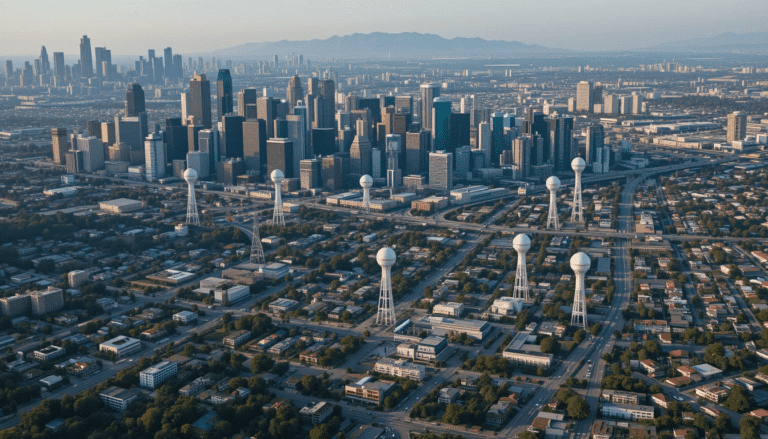 A breathtaking aerial view of Los Angeles showcasing multiple water towers within the cityscape.water towers in los angeles,