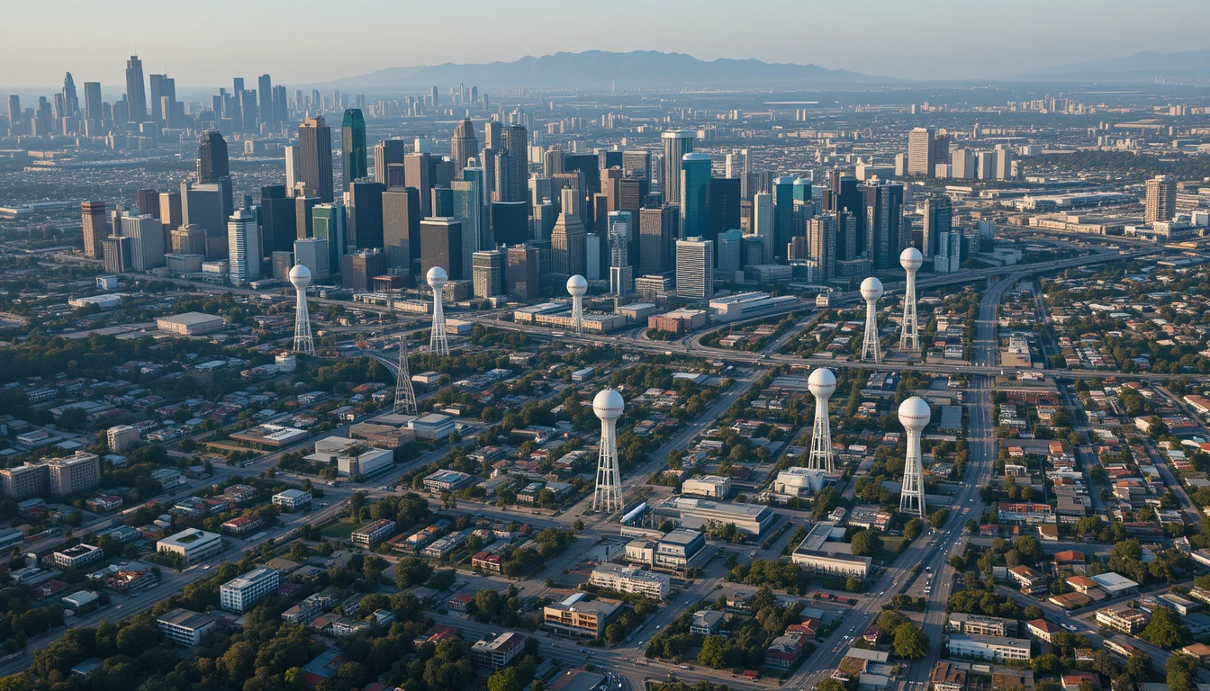 A breathtaking aerial view of los angeles showcasing multiple water towers within the cityscape. Water towers in los angeles,