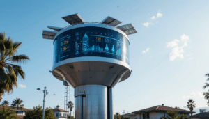 A modern water tower covered in green vines and surrounded by solar panels, promoting sustainability. Water towers in los angeles,