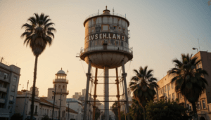 The warner bros. Water tower, a well-known hollywood landmark, standing against the studio lot. Water towers in los angeles,