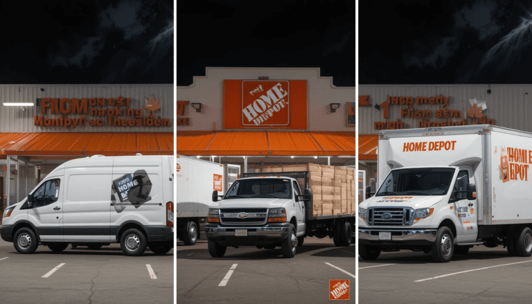 A lineup of Home Depot rental trucks, including cargo vans, flatbed pickups, and box trucks.home depo truck rental phone number