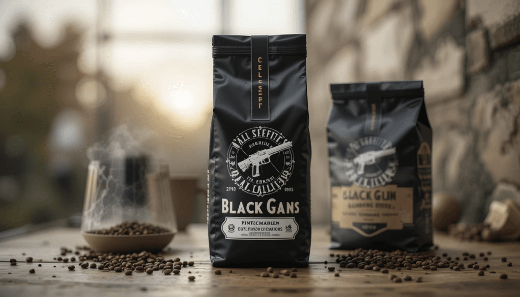 Black gun coffee packaging with a patriotic and military-themed design. Black gun coffee commercial