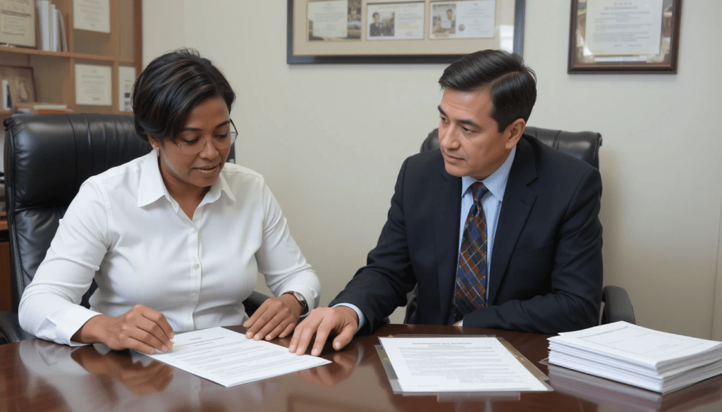 A lawyer guiding a client through the social security overpayment appeal process in a legal office. Social security overpayment attorney