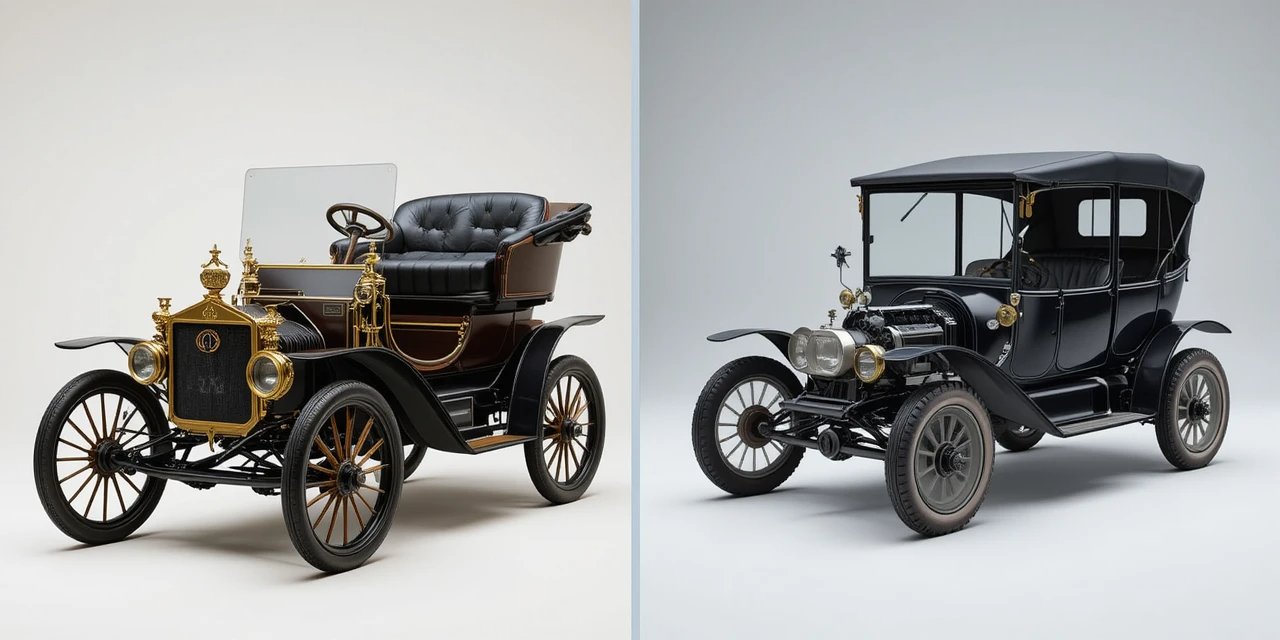 A side-by-side comparison of GM's first vehicle (1908 Buick) with its latest electric vehicle platform, visually demonstrating the century-plus evolution of how General Motors has transformed automotive technology.