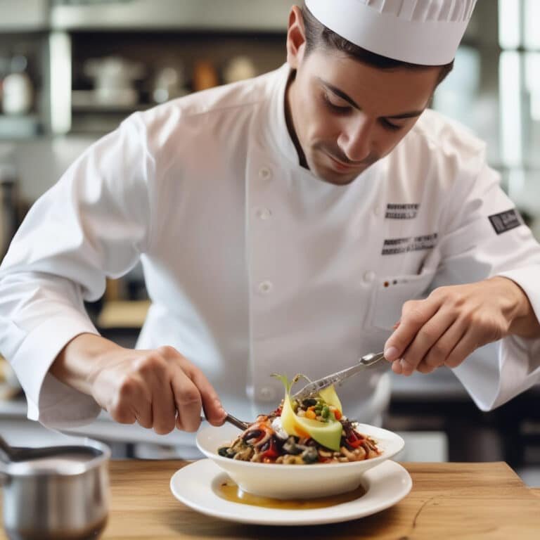 A chef preparing the complex Fojatosgarto dish with precision, hard to cock